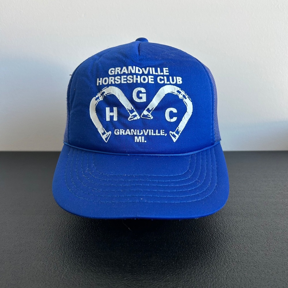 Vintage 80s Grandville Horseshoe Club Trucker Hat Cap Snap Back Adjustable Blue